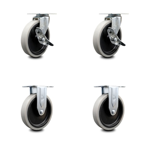 5 Inch Thermoplastic Wheel Top Plate Caster Set with 2 Brakes 2 Rigid SCC